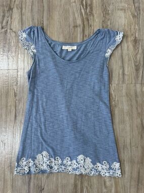 LOFT Blue Scoop Neck Tee with White Floral Lace Trim